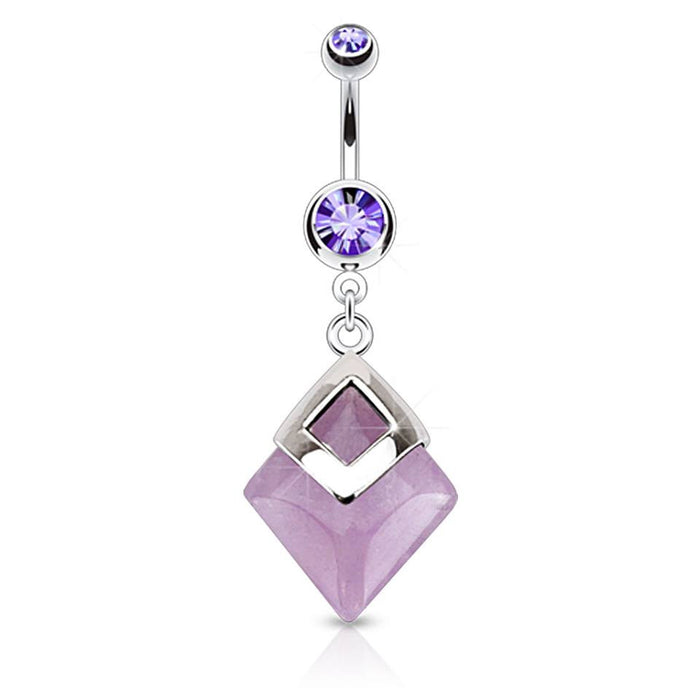 Diamond Shaped Semi Precious Stone Mounted 316L Surgical Steel Navel Ring Gemwaith