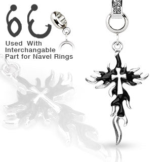 Multi Purpose Add-On Jet CZ Black Flaming Cross Dangle Charm Gemwaith