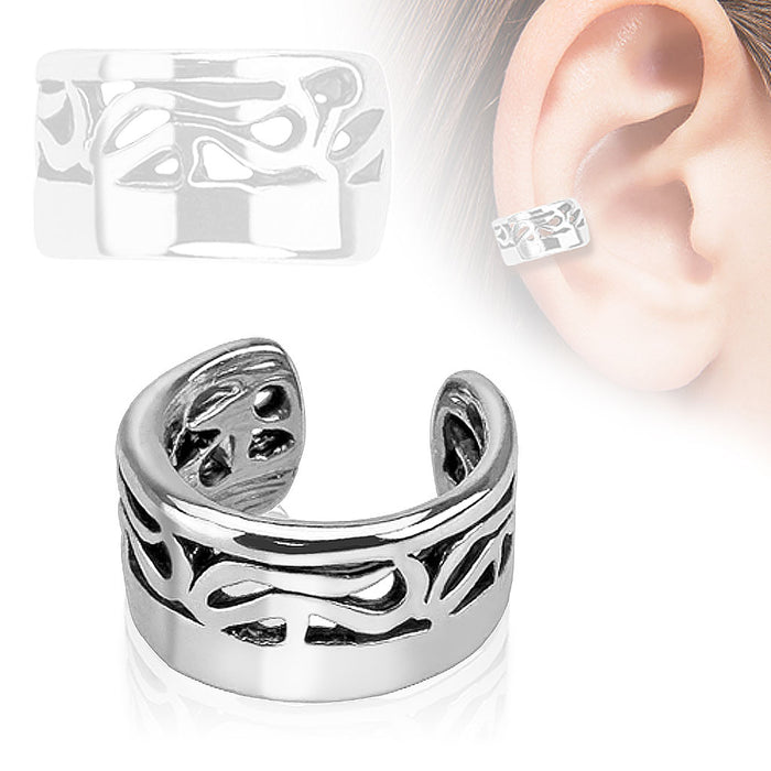 Tribal Design Rhodium Plated Brass Non Piercing Ear Cuff Gemwaith