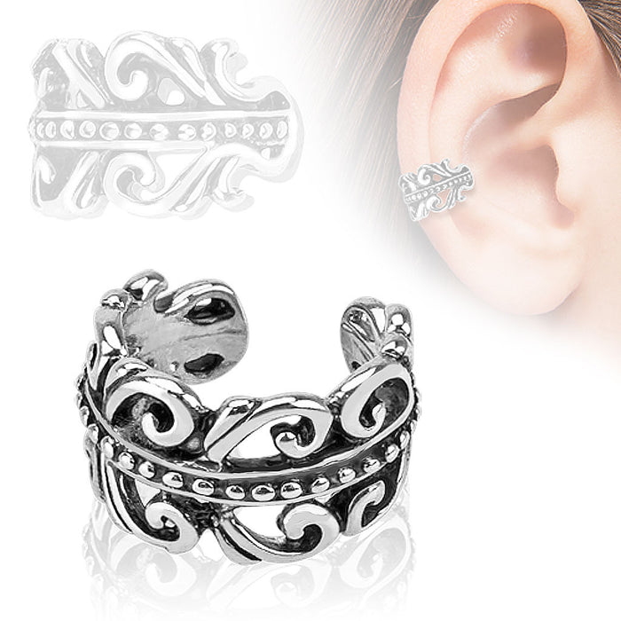 Carved Swirls Rhodium Plated Brass Non Piercing Ear Cuff Gemwaith