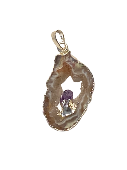 Silver Electroplated Agate Geode Slice With Purple Amethyst Pendant Gemwaith