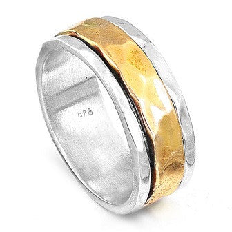 925 Sterling Silver Hammered Spinner Ring With Brass Band Size 7.5 Gemwaith