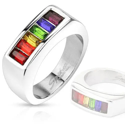 Stainless Steel Princess Cut Rainbow CZ on Square Ring Gemwaith