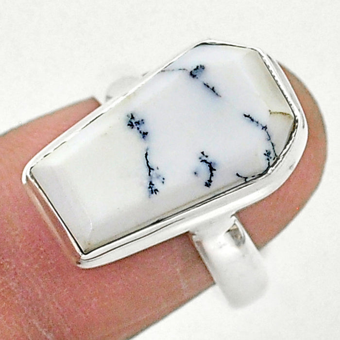 7.66cts White Dendrite Opal Coffin 925 Sterling Silver Solitaire Ring - size 7 - 96115 Gemwaith