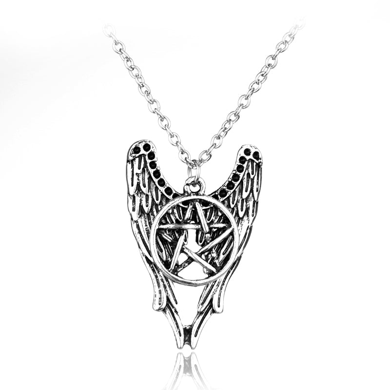 Antique Silver Wiccan Pentacle Angel Wing Pendant Gemwaith