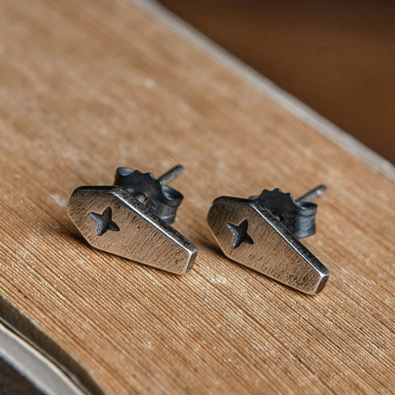925 Sterling Silver Coffin Cross Gothic Stud Earrings Gemwaith