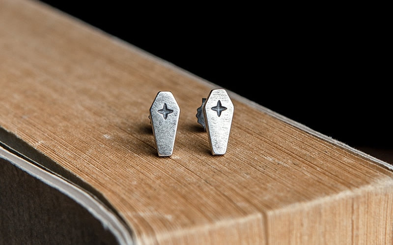 925 Sterling Silver Coffin Cross Gothic Stud Earrings Gemwaith