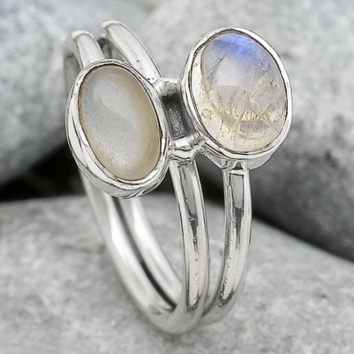 Rainbow Moonstone and Sri Lankan Moonstone 925 Silver Ring - Size 7 Gemwaith