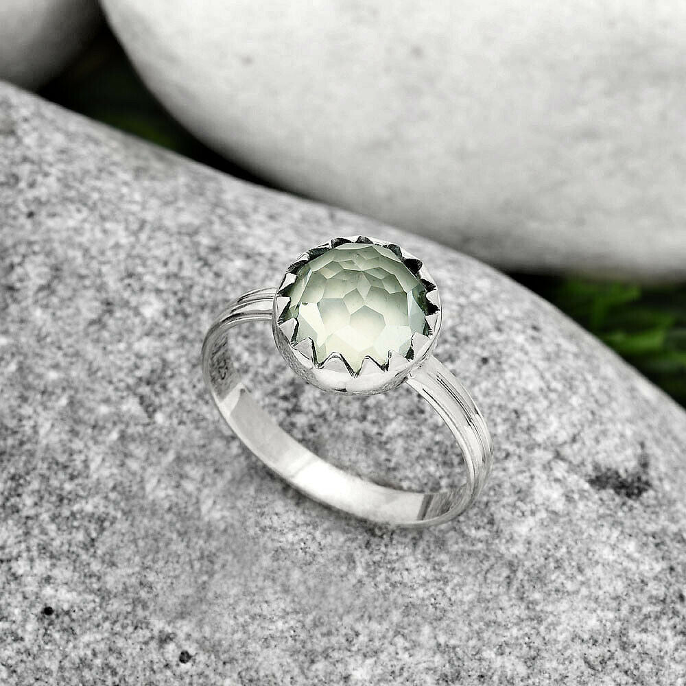Faceted Prasiolite (Green Amethyst) 925 Sterling Silver Solitaire Ring - size 9 Gemwaith