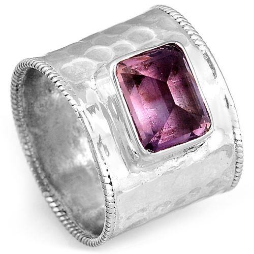 Amethyst 925 Sterling Silver Hammered Wide Band Ring - Size  7 Gemwaith